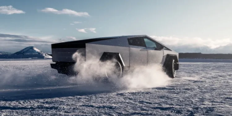 Tesla Cybertruck drifting on snow