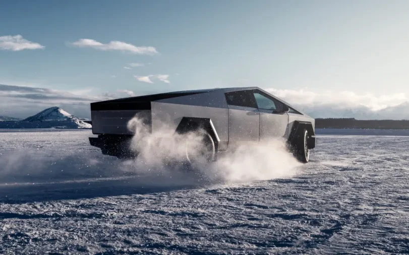 Tesla Cybertruck drifting on snow