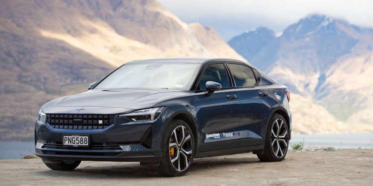 Polestar 2 parked by mountains in New Zealand