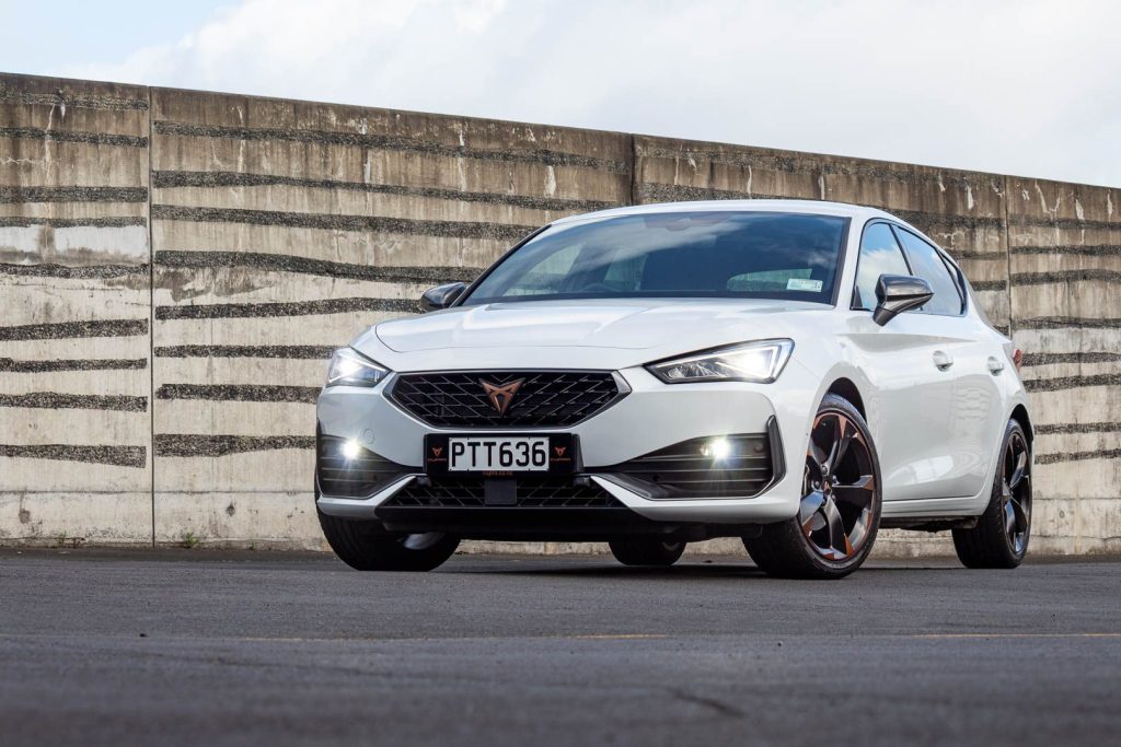 Cupra Leon V parked up, showing front quarter angle