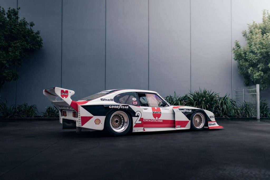 Rear side shot showing wing, over fenders and wheel of Ford Capri Zakspeed Gr5