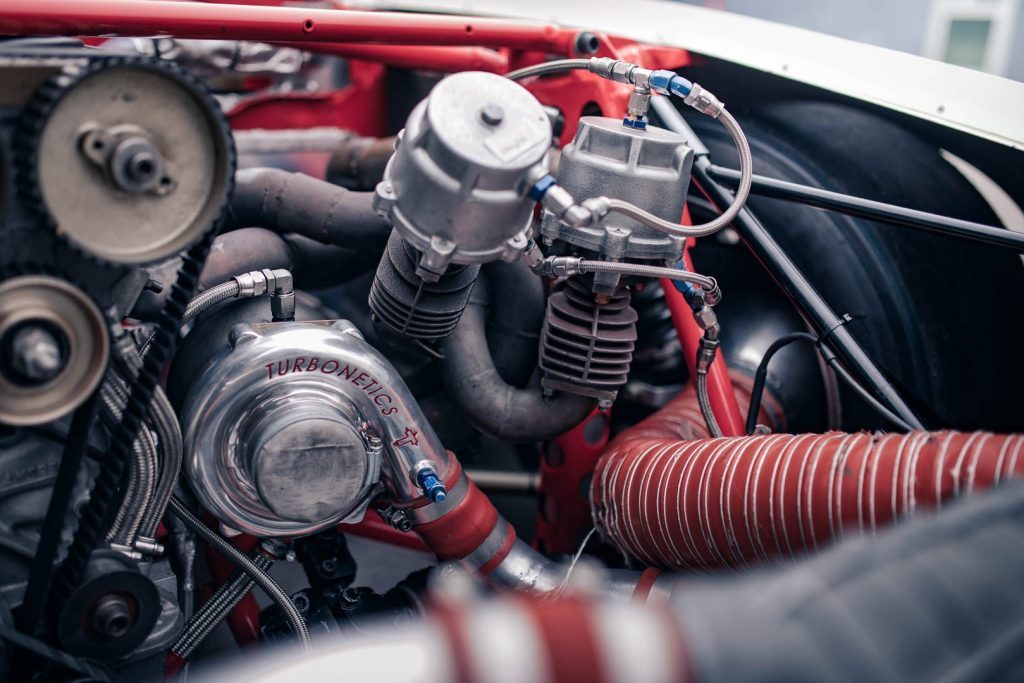 Engine detail view of 1981 Ford Capri Zakspeed Group 5's turbo and wastegates