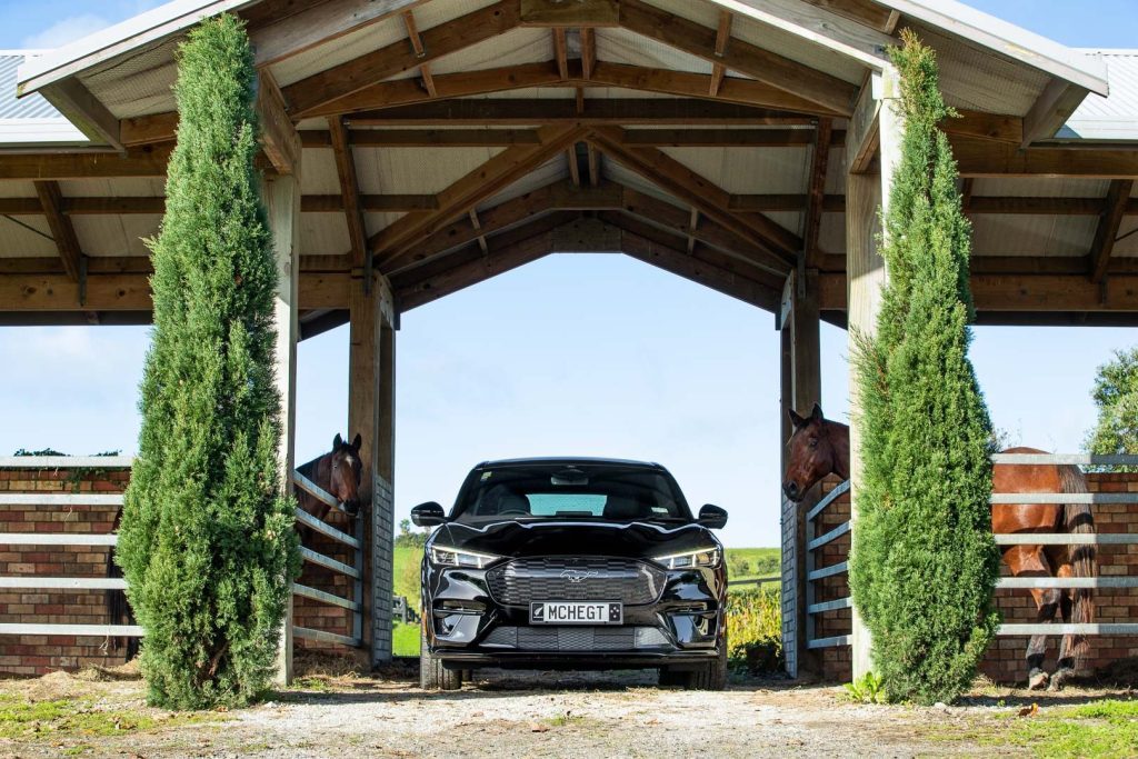 Ford Mustang Mach-E parked inside stables with horses