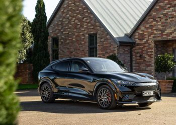 2022 Ford Mustang Mach-E GT parked in a courtyard