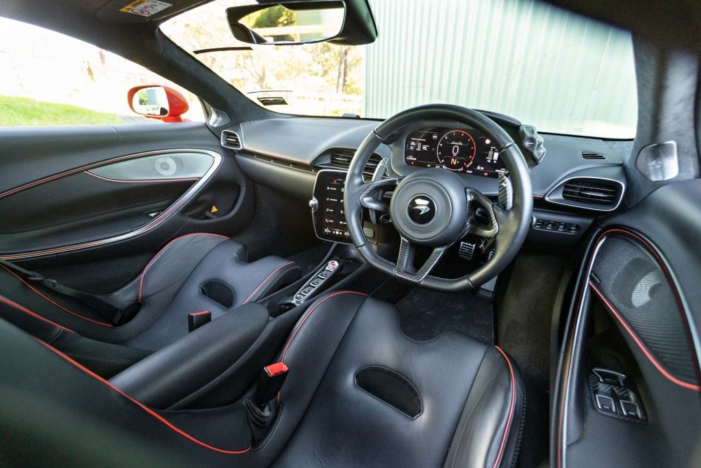 Interior shot of the McLaren Artura, with wheel and seats visible