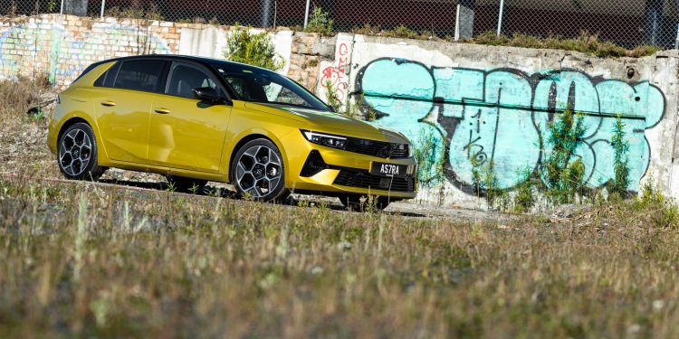 front quarter angle of the new Opel Astra, in yellow