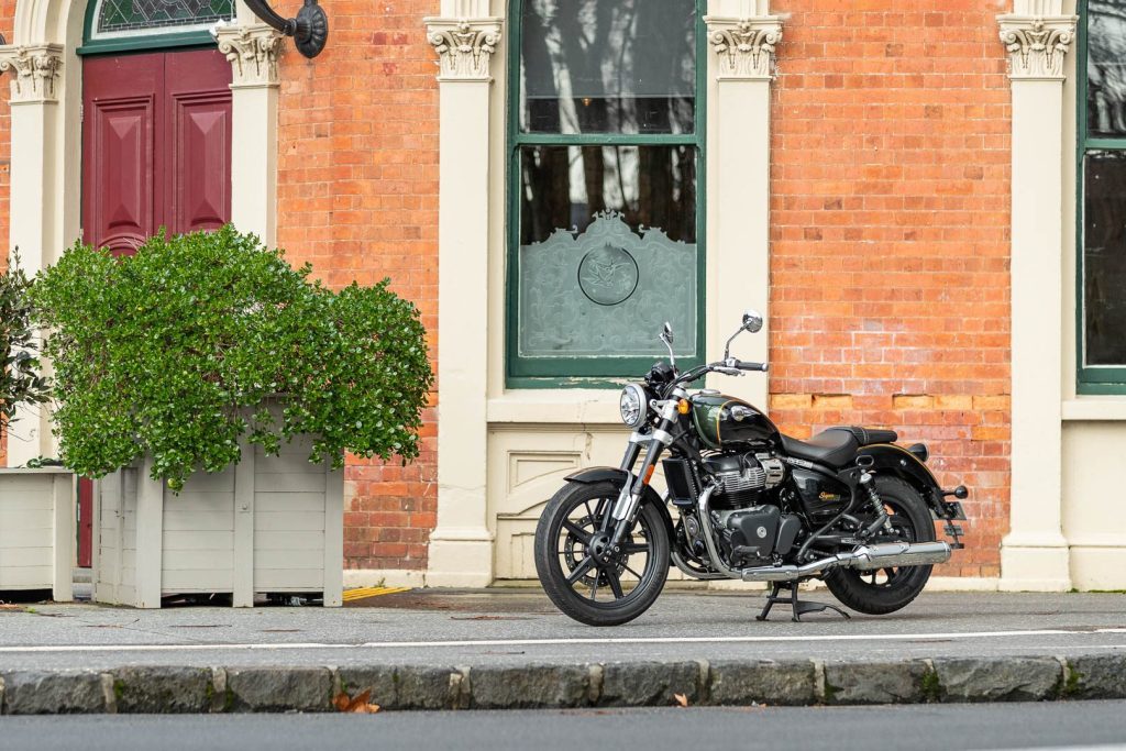 Royal Enfield SM650 parked next to a distinguished building