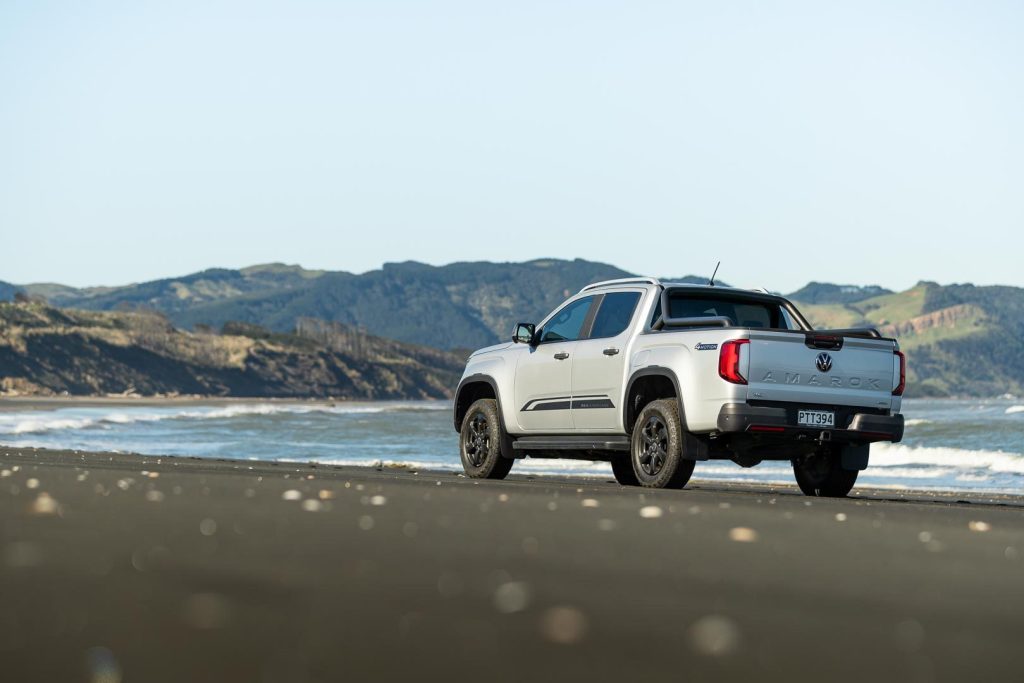 Rear quarter shot of the Volkswagen Amarok PanAmericana parked on the beach