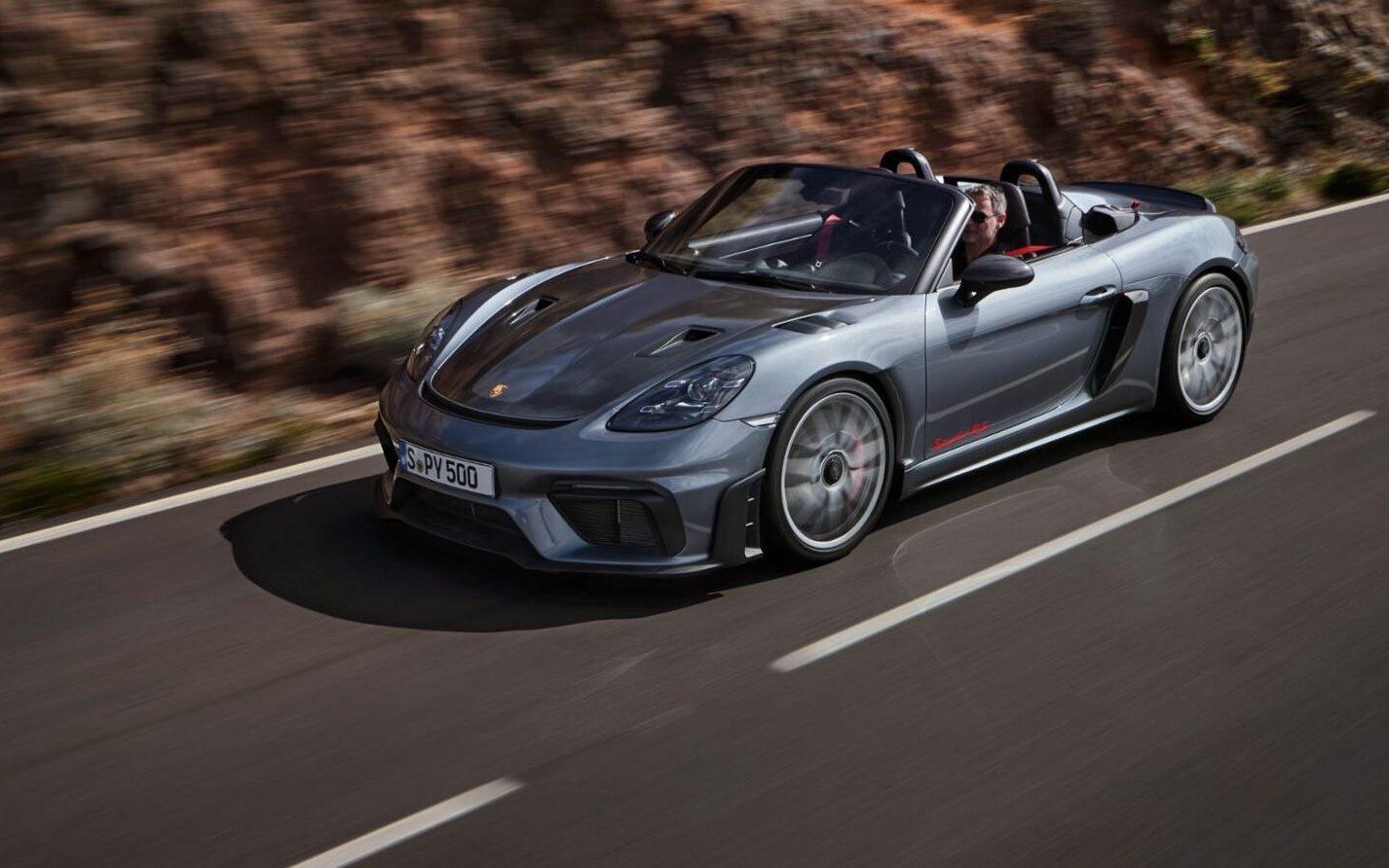 Porsche 718 Boxter Spyder RS driving along road