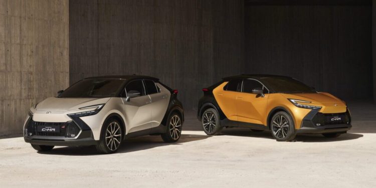 Two Toyota C-HR compact SUVs side by side