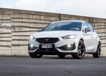 Cupra Leon V in white, front quarter hero shot