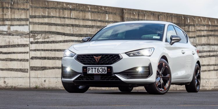 Cupra Leon V in white, front quarter hero shot