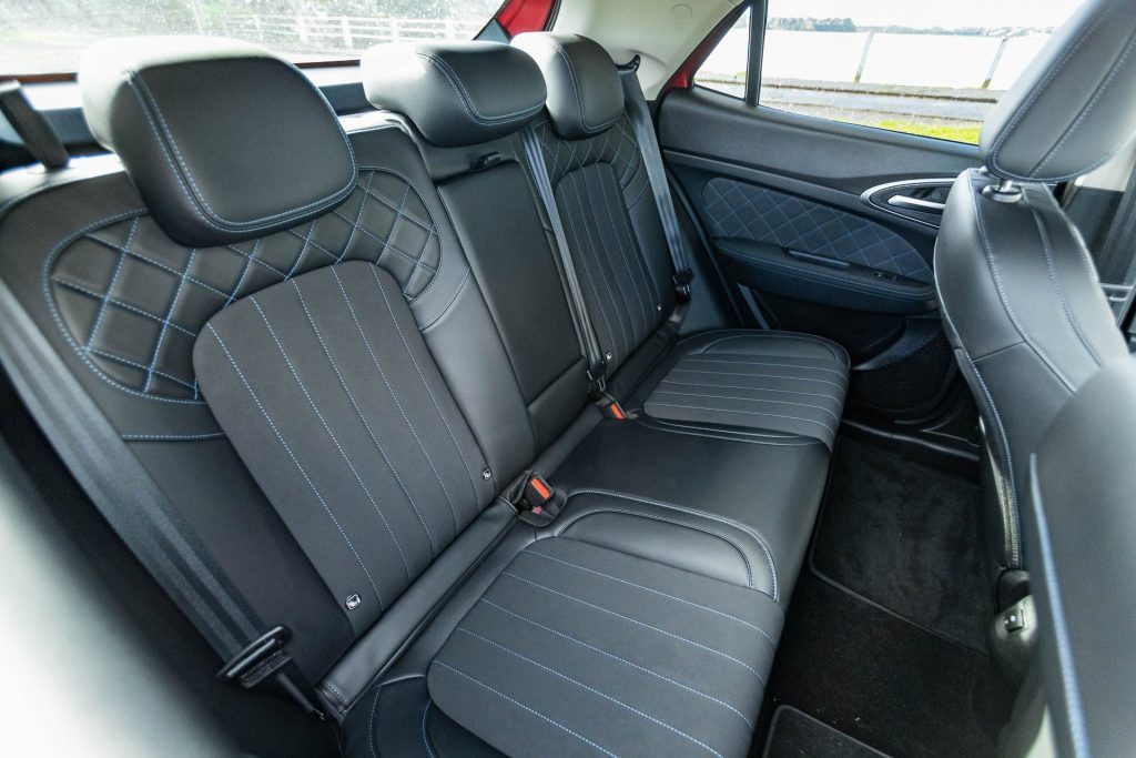 Rear seats of the GWM Ora, with Blue stitching