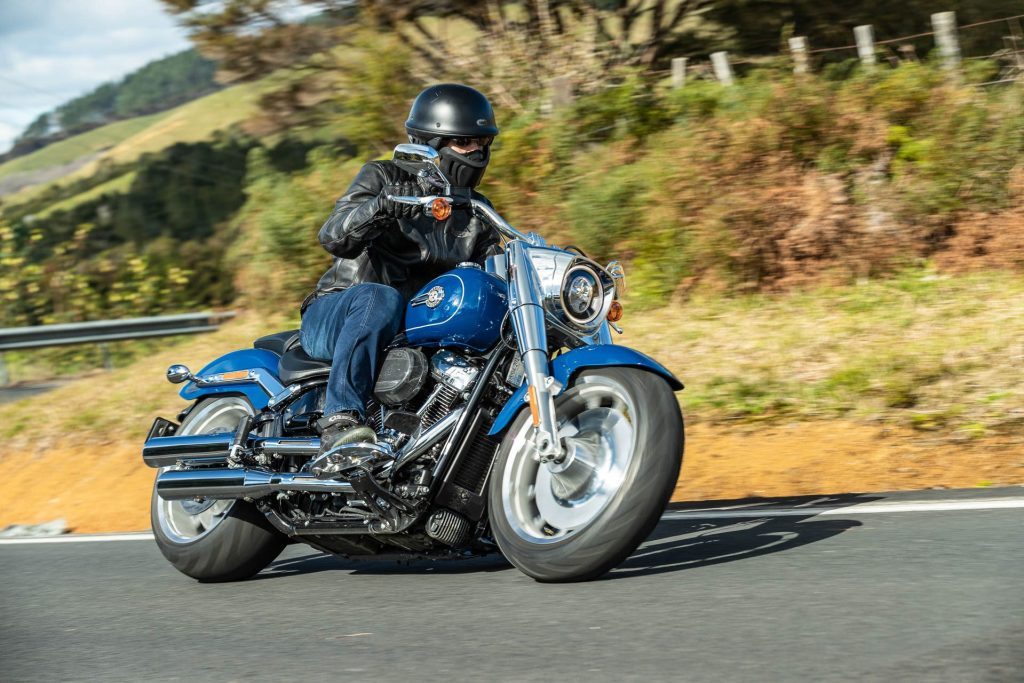 Harley Davidson Fat Boy 114 taking a corner, in blue