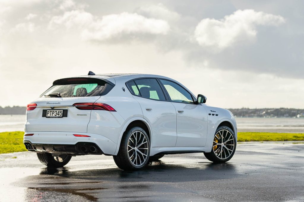 Rear view of the Maserati Grecale Modena in white