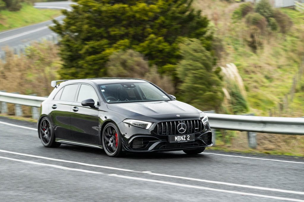 Mercedes-AMG A 45 S taking a corner in the wet