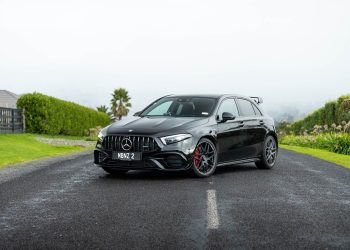 Front quarter view of a black Mercedes A45 AMG S