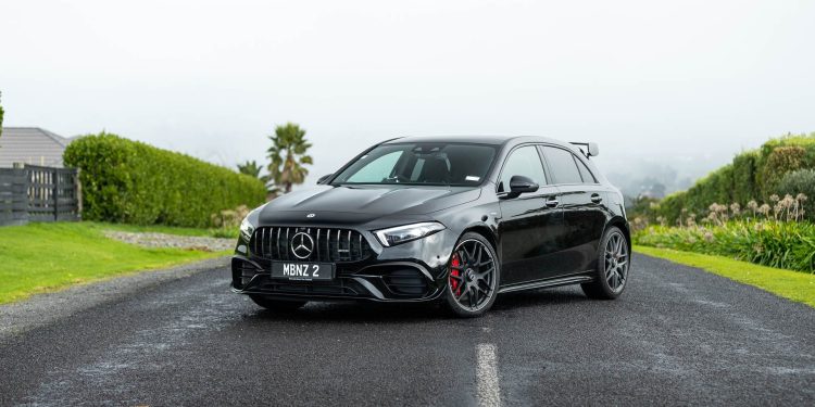Front quarter view of a black Mercedes A45 AMG S