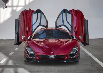 Alfa Romeo 33 Stradale supercar front view with doors open