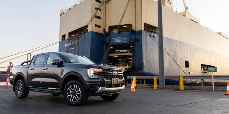 Ford Ranger being offloaded from ship