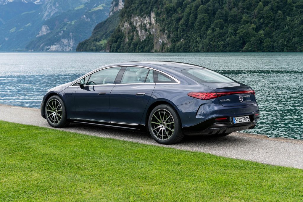 Mercedes-Benz EQS 450 4Matic parked by lake