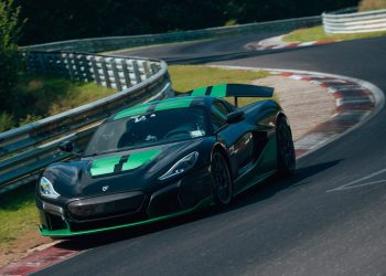 Rimac Nevera racing around corner at Nurburgring