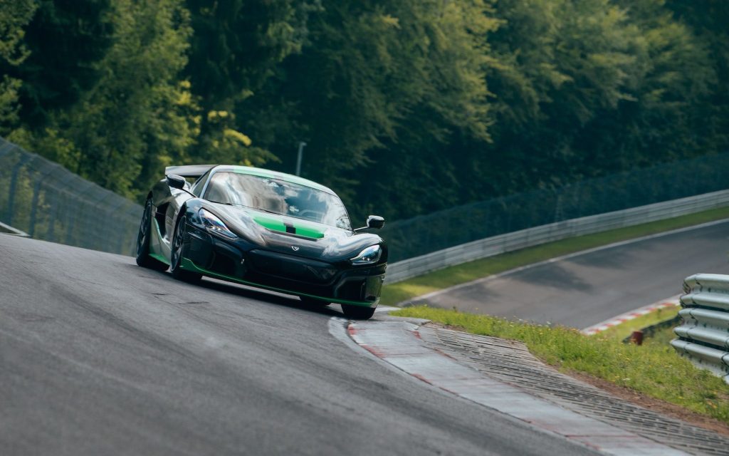 Rimac Nevera racing around corner at Nurburgring