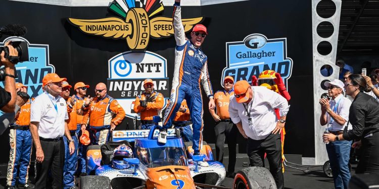 Scott Dixon celebrating Gallagher GP win at Indianapolis