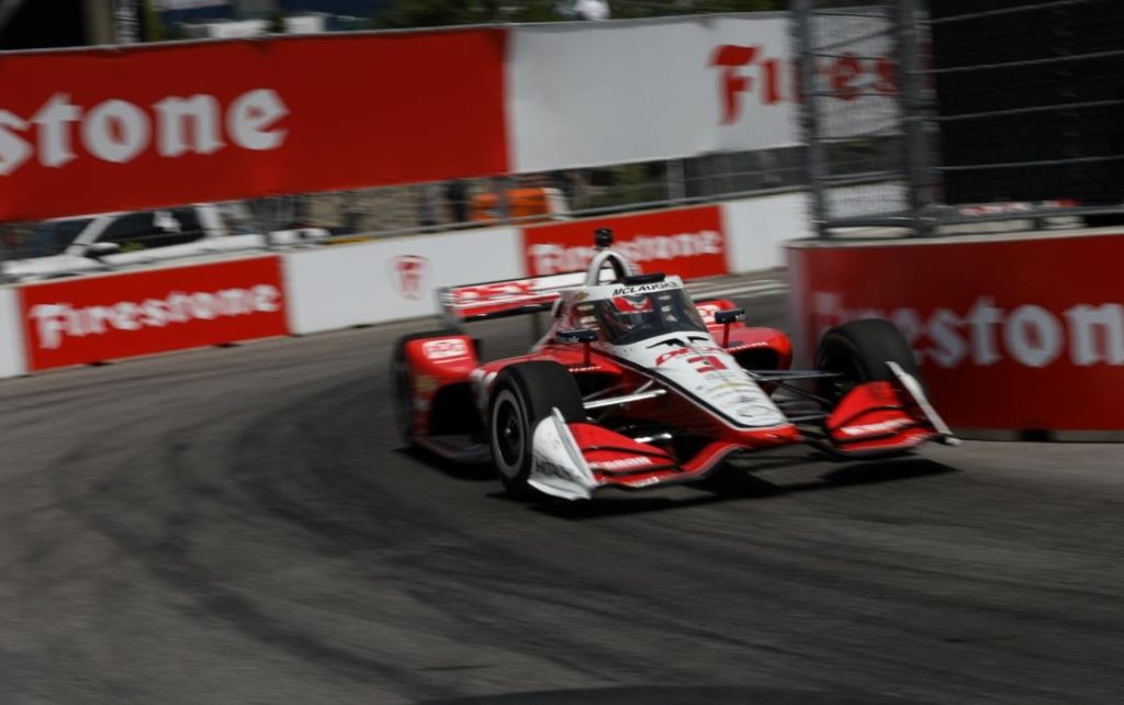 Scott McLaughlin racing IndyCar around Firestone corner at Music City GP 2023