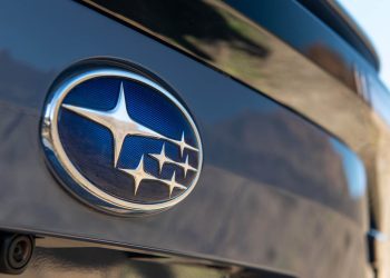 Subaru badge close up view