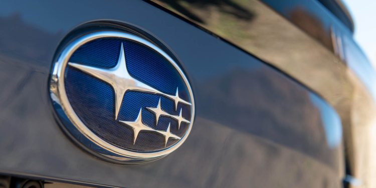 Subaru badge close up view