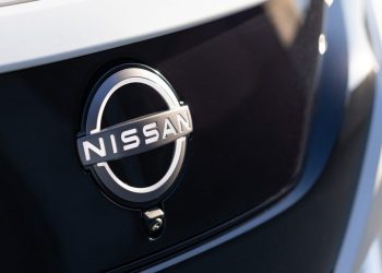 Nissan badge close up view