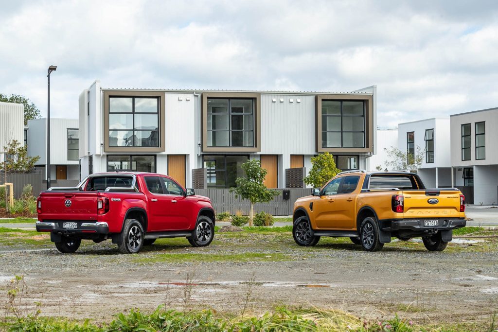 Ford Ranger and Volkswagen Amarok rear view, with cars together