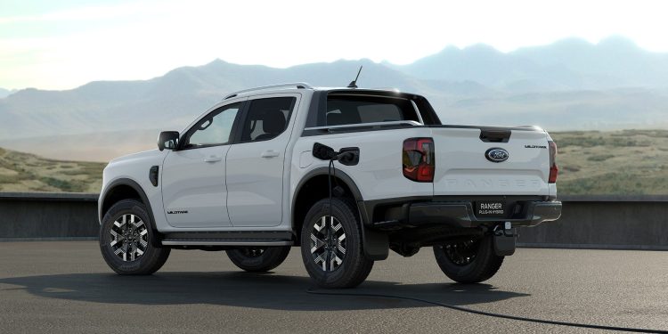 Ford Ranger plug-in hybrid with charging cable plugged in