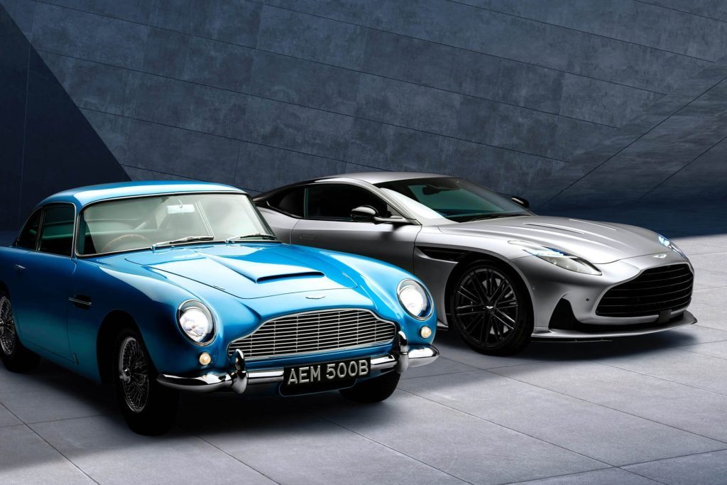 Aston Martin DB5 parked next to DB12