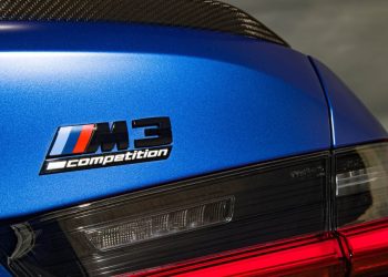 BMW M3 Competition badge close up view