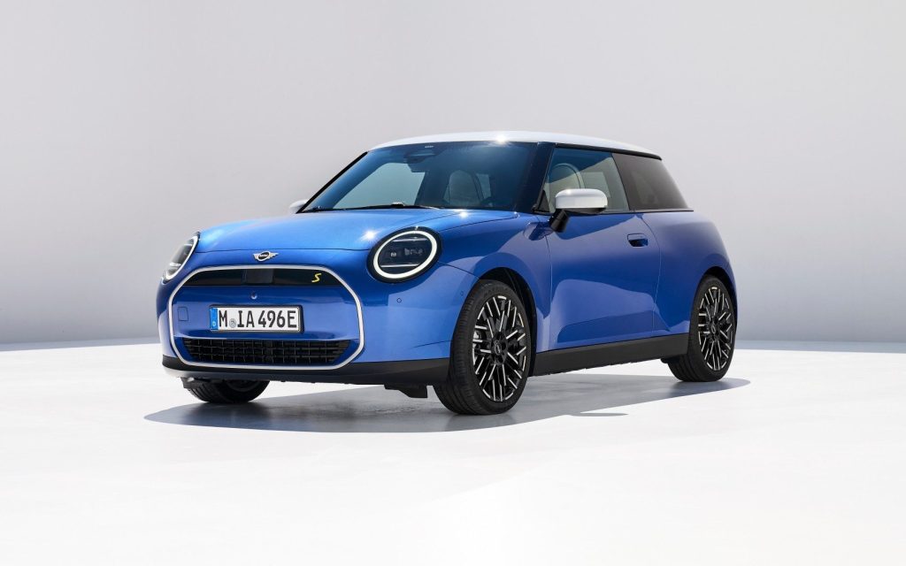 Fully electric Mini Cooper front three quarter view