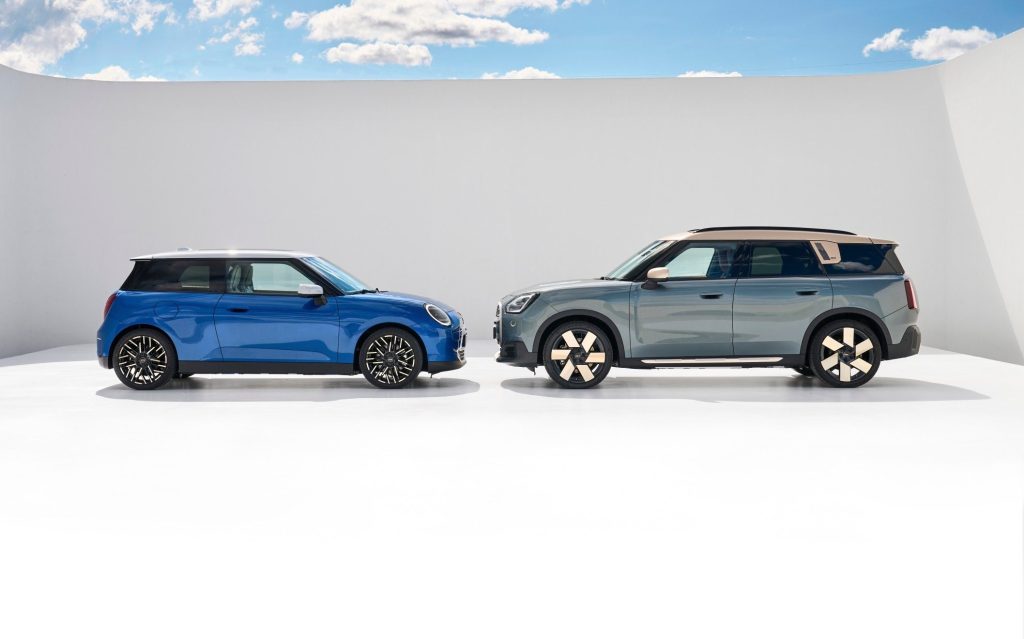 Fully electric Mini Cooper and Countryman facing each other