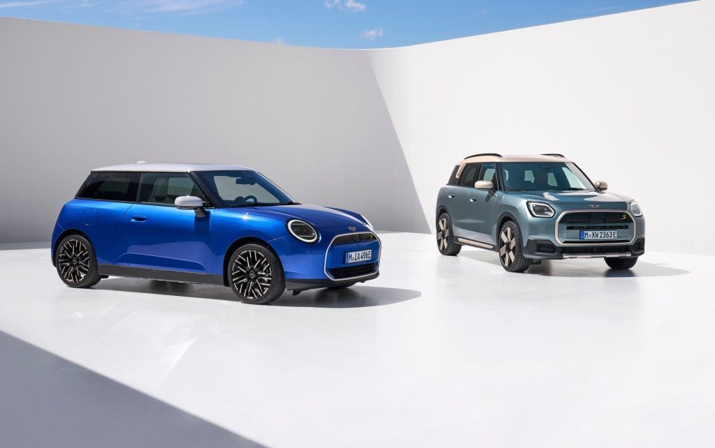 New fully electric Mini Cooper and Countryman parked next to each other