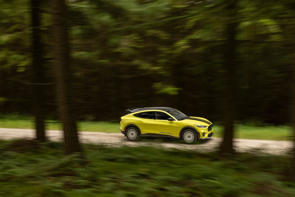 Ford Mustang Mach-E Rally driving through forest