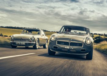 Frontline Cars MGB V8 and EV restomods driving on country road