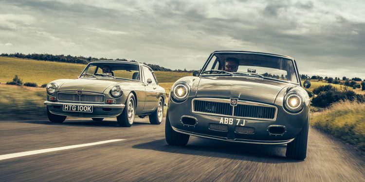 Frontline Cars MGB V8 and EV restomods driving on country road