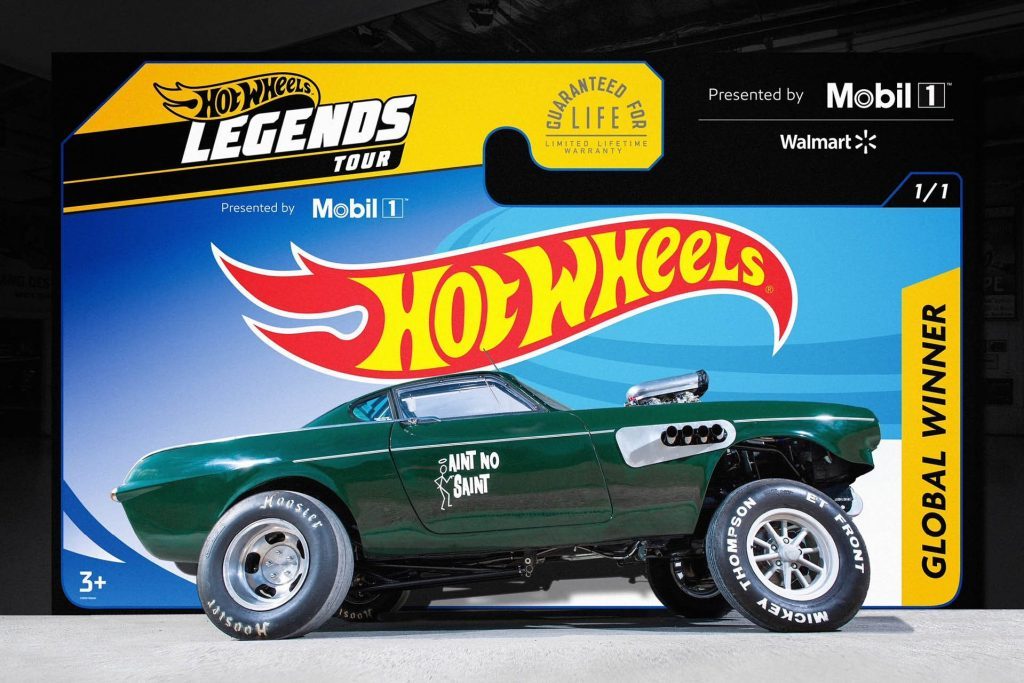Volvo P1800 Gasser in front of life size Hot Wheels card