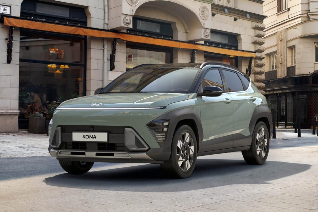 Hyundai Kona in green front three quarter view