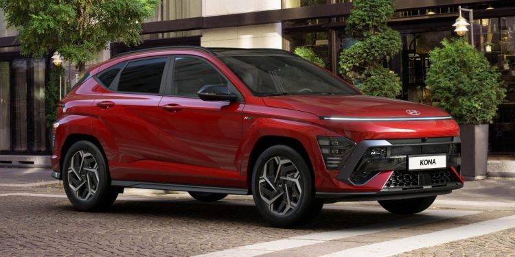 Hyundai Kona in red front three quarter view