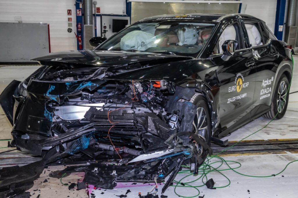 Lexus RZ crash test damage front view