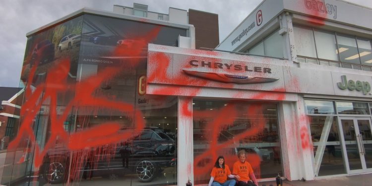 Climate activists sitting outside of vandalised luxury car dealership in Wellington