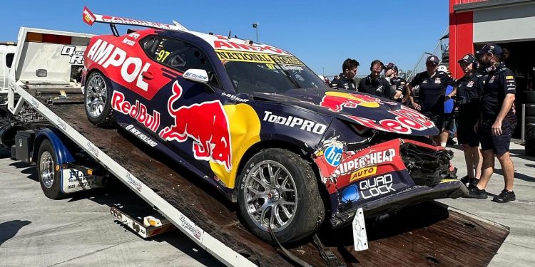 Shane van Gisbergen's crash damaged Supercar after brake failure at Queensland Raceway