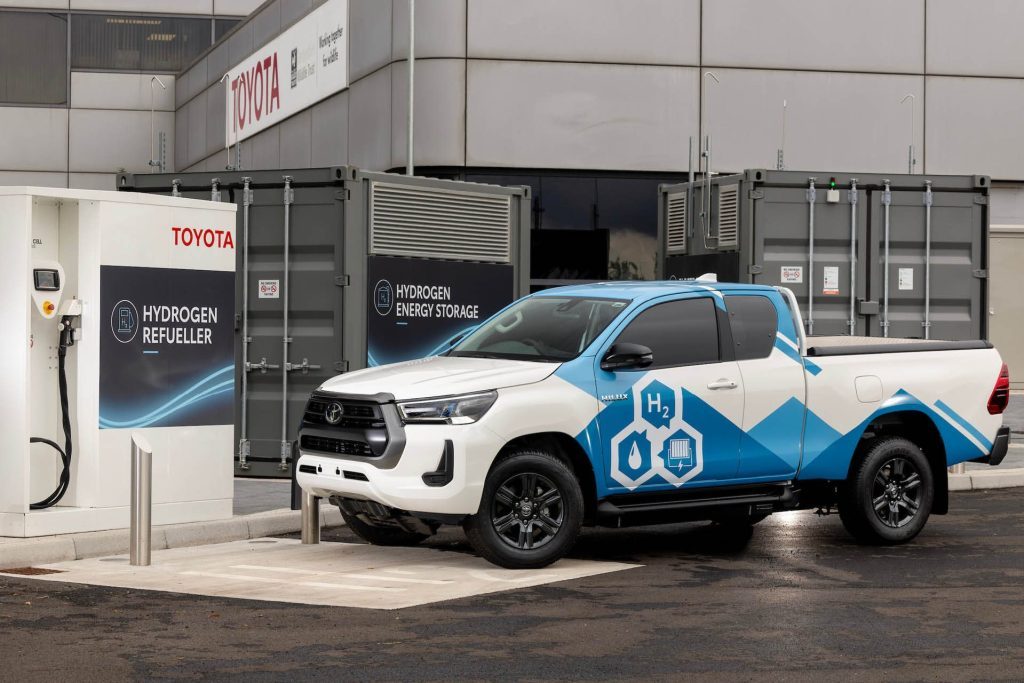 Hydrogen-powered Toyota Hilux parked by refuelling station