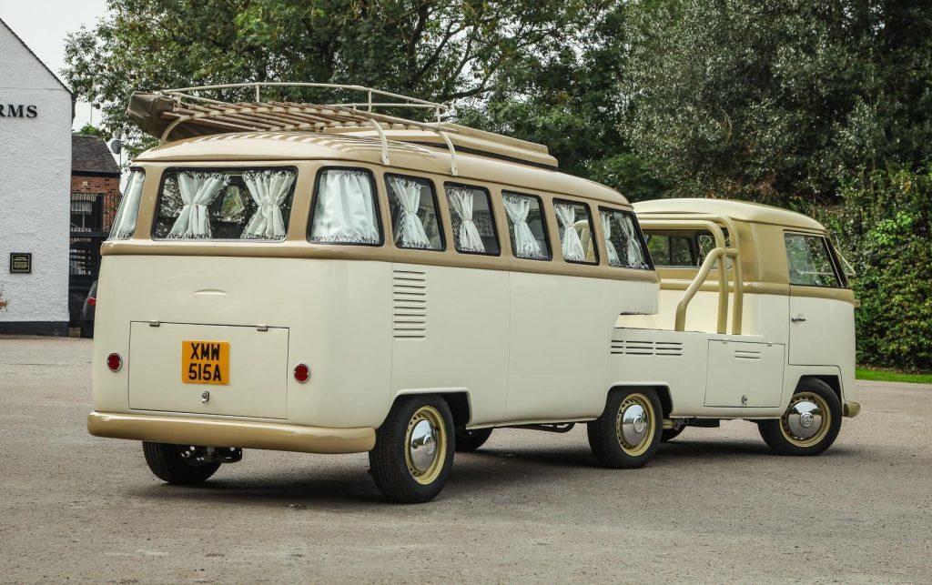 Volkswagen Type 2 and camper trailer rear three quarter view